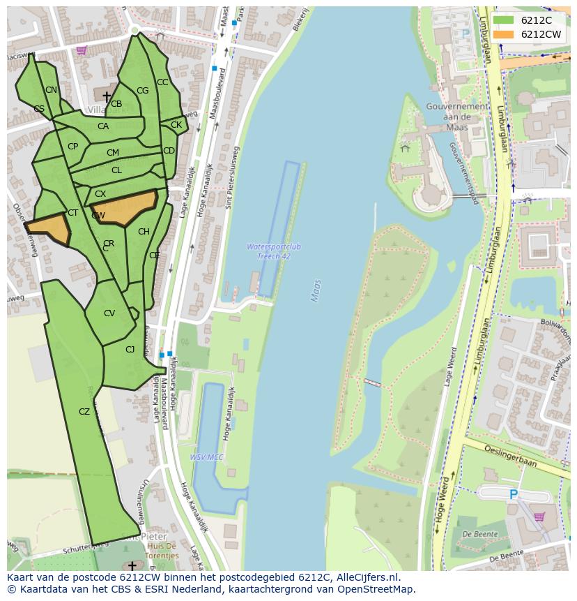 Afbeelding van het postcodegebied 6212 CW op de kaart.