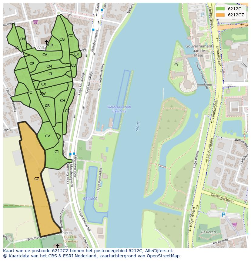 Afbeelding van het postcodegebied 6212 CZ op de kaart.