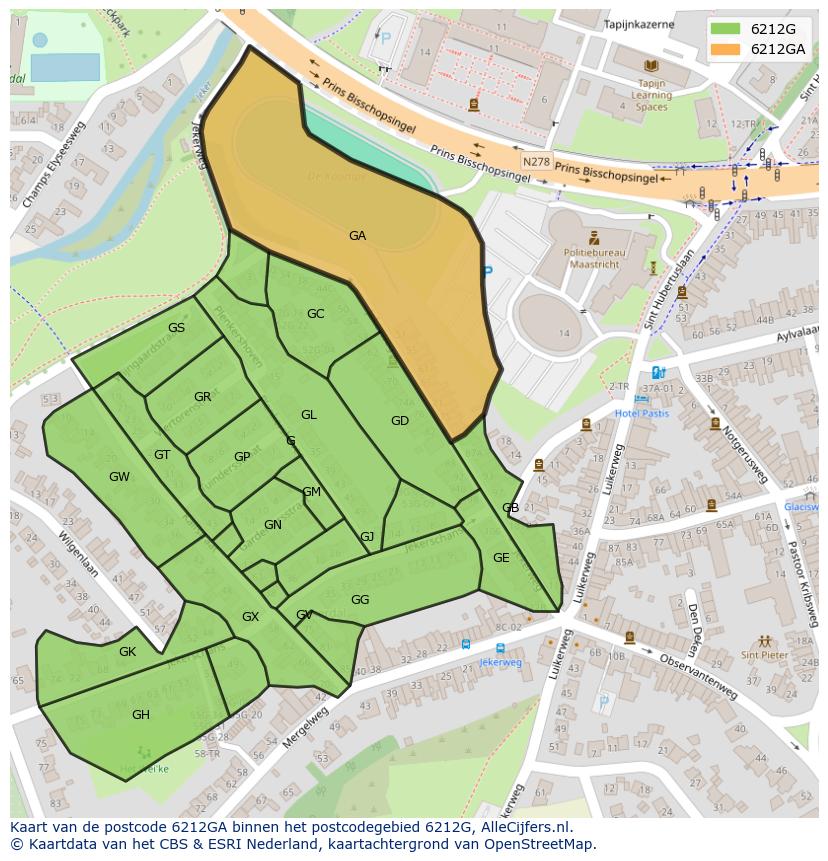 Afbeelding van het postcodegebied 6212 GA op de kaart.