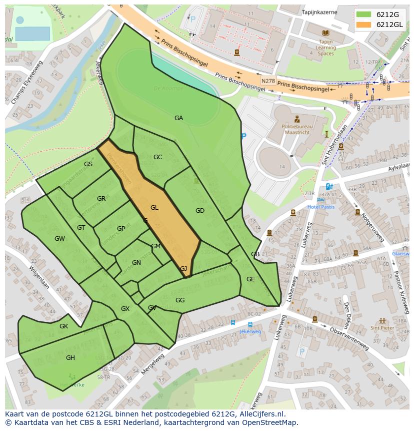 Afbeelding van het postcodegebied 6212 GL op de kaart.