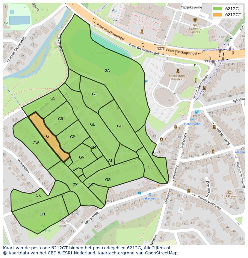 Afbeelding van het postcodegebied 6212 GT op de kaart.