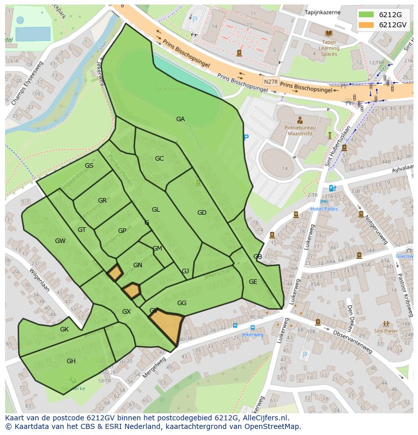 Afbeelding van het postcodegebied 6212 GV op de kaart.