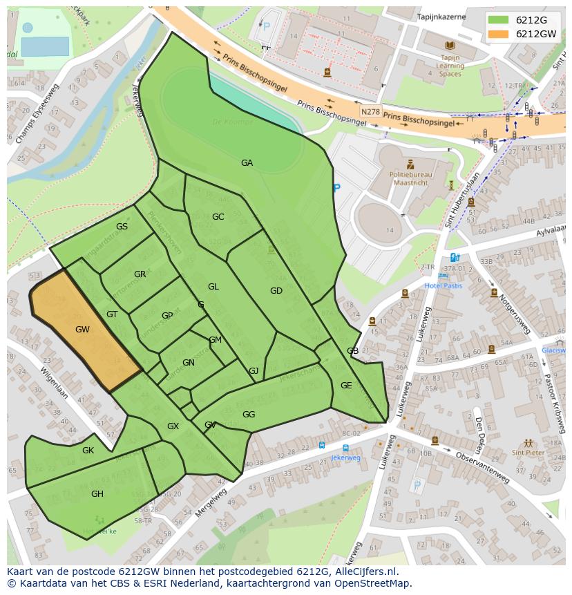 Afbeelding van het postcodegebied 6212 GW op de kaart.