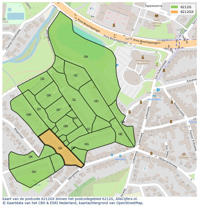 Afbeelding van het postcodegebied 6212 GX op de kaart.
