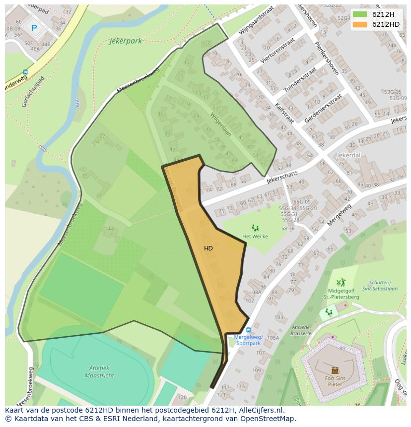 Afbeelding van het postcodegebied 6212 HD op de kaart.