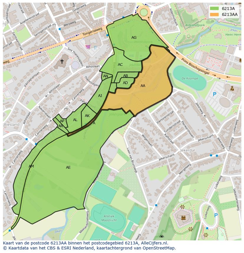 Afbeelding van het postcodegebied 6213 AA op de kaart.