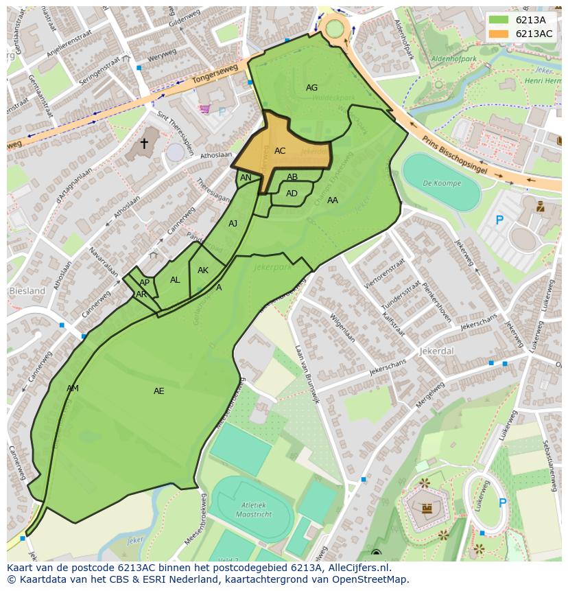 Afbeelding van het postcodegebied 6213 AC op de kaart.