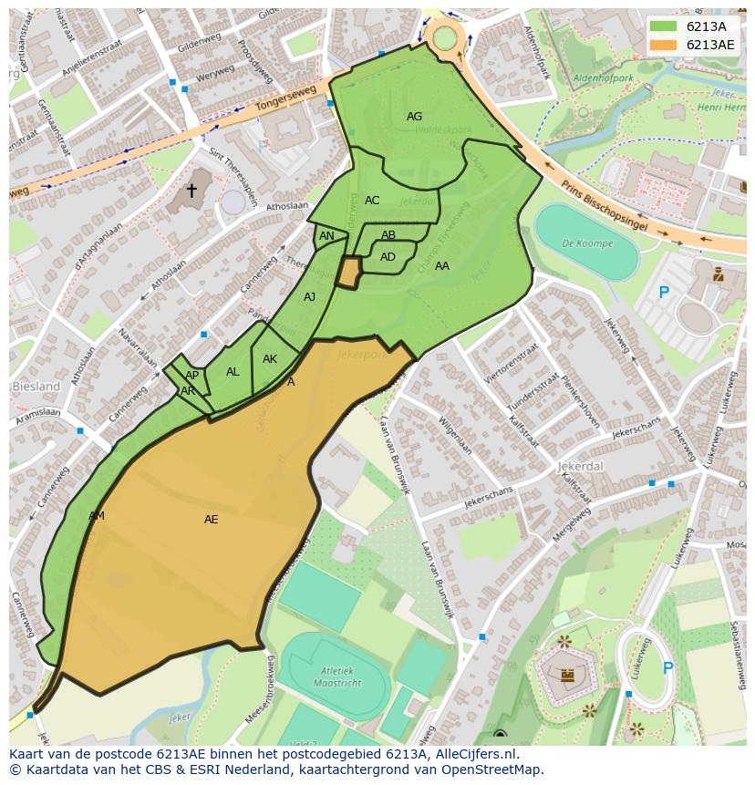 Afbeelding van het postcodegebied 6213 AE op de kaart.