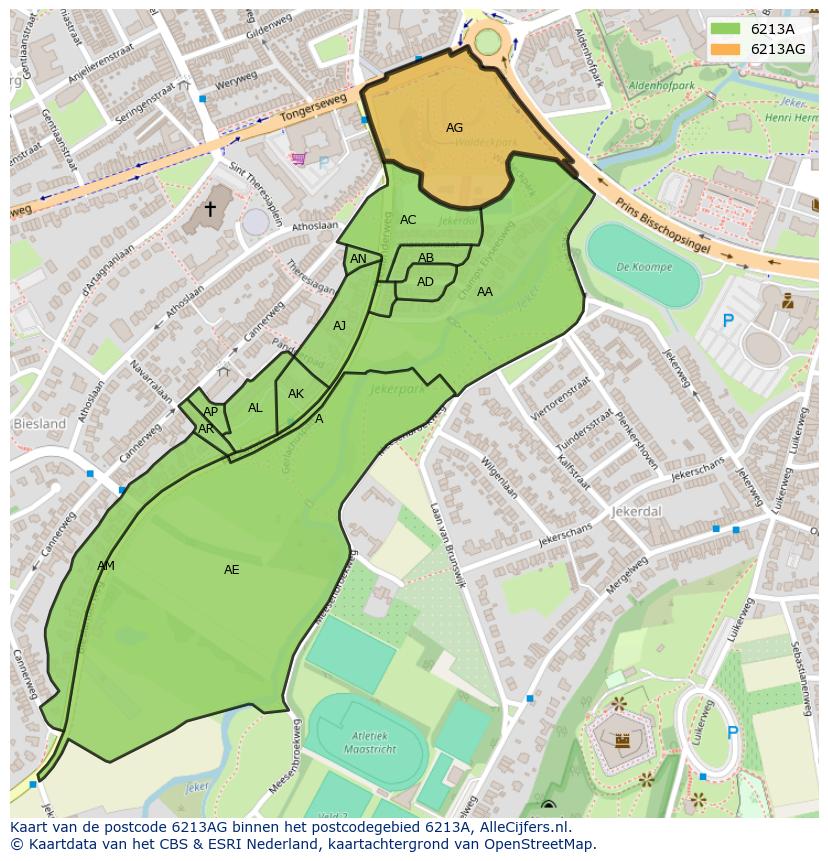 Afbeelding van het postcodegebied 6213 AG op de kaart.