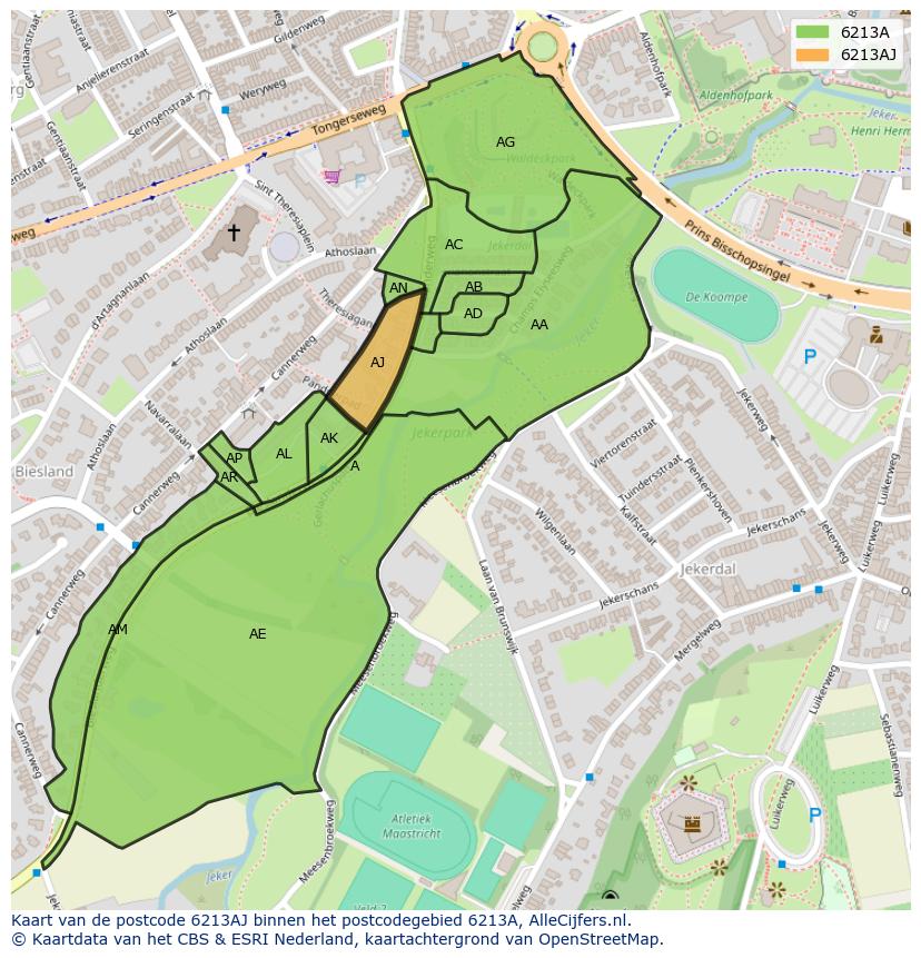 Afbeelding van het postcodegebied 6213 AJ op de kaart.
