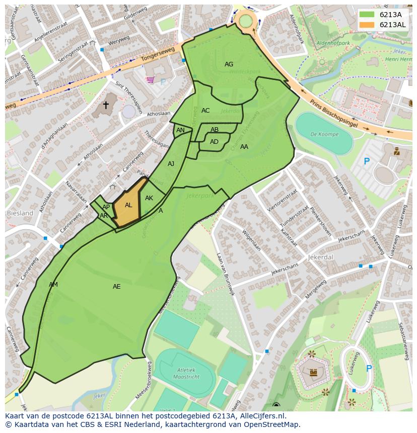 Afbeelding van het postcodegebied 6213 AL op de kaart.