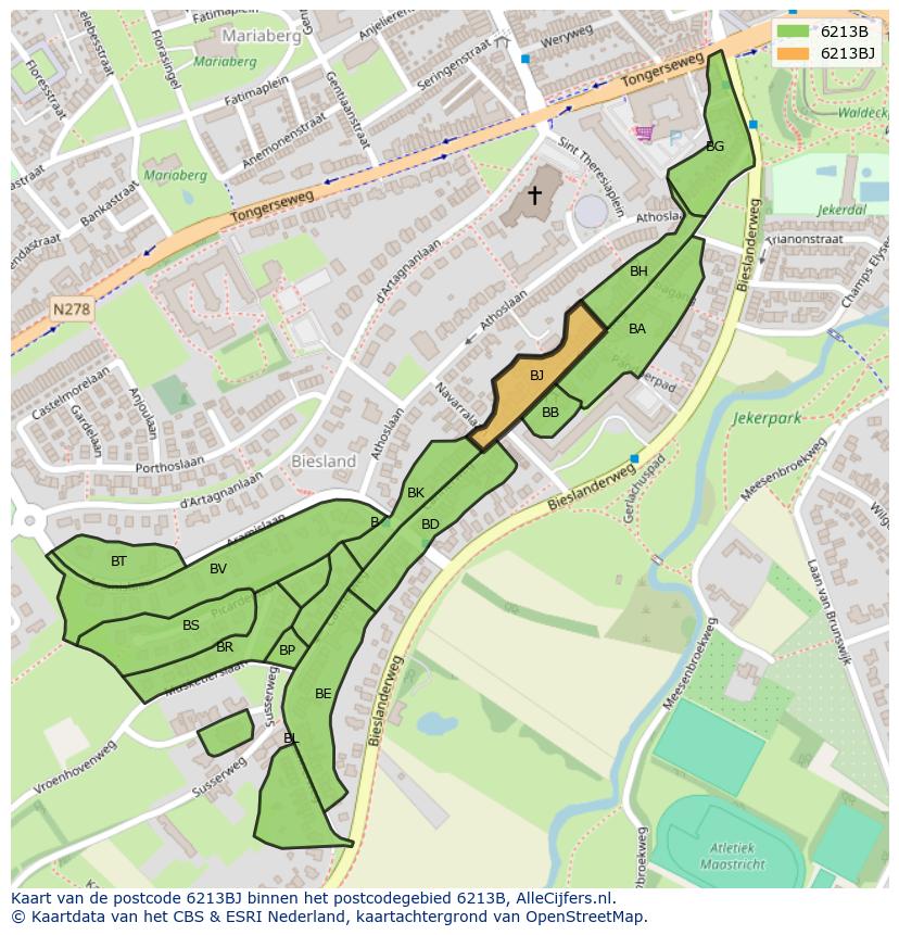 Afbeelding van het postcodegebied 6213 BJ op de kaart.