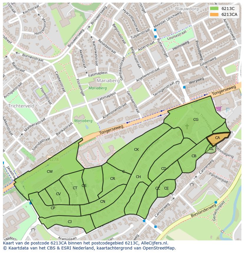 Afbeelding van het postcodegebied 6213 CA op de kaart.