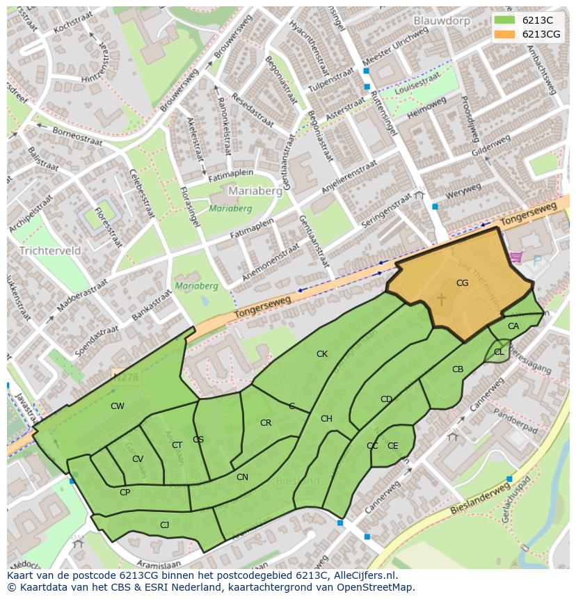 Afbeelding van het postcodegebied 6213 CG op de kaart.