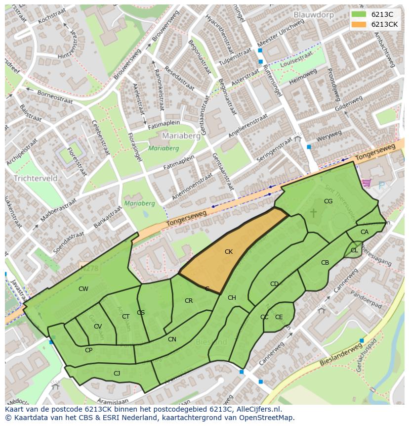 Afbeelding van het postcodegebied 6213 CK op de kaart.