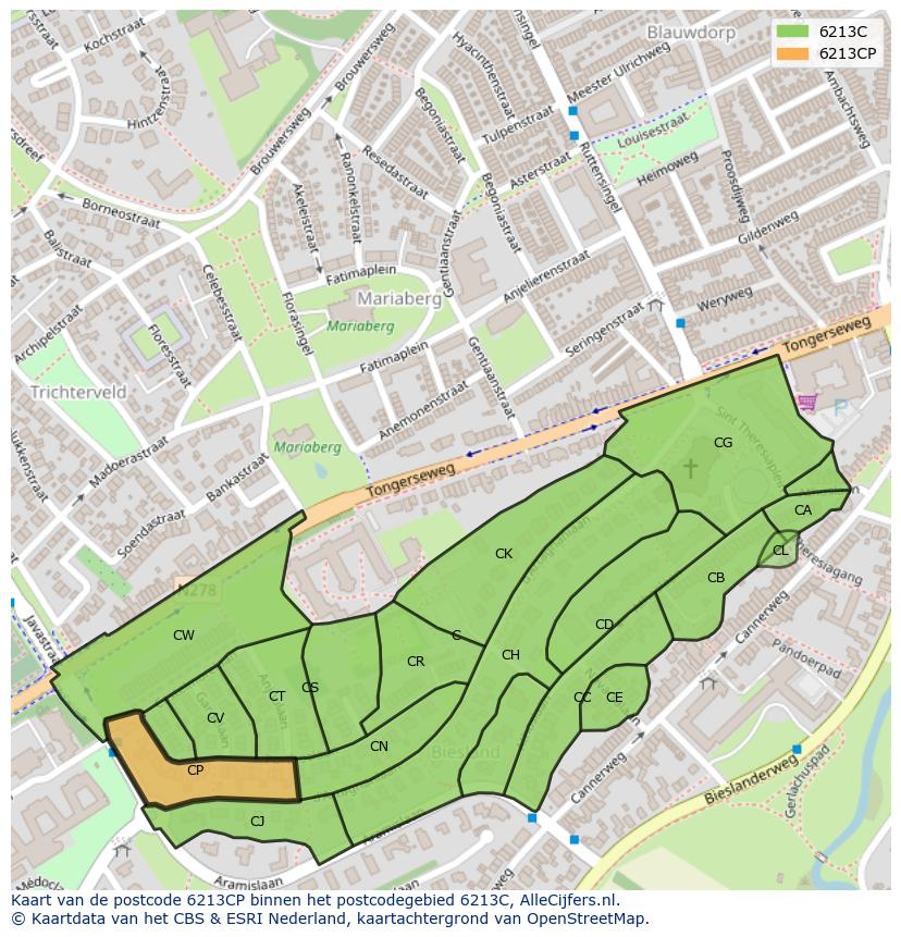 Afbeelding van het postcodegebied 6213 CP op de kaart.