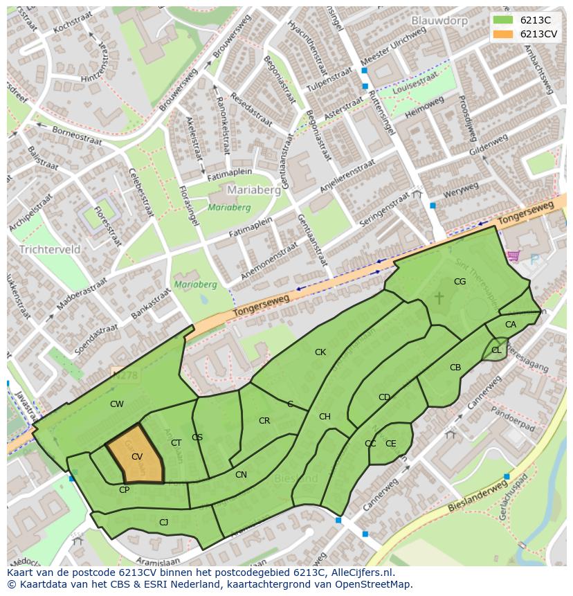 Afbeelding van het postcodegebied 6213 CV op de kaart.