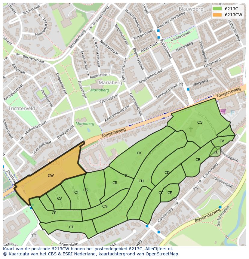 Afbeelding van het postcodegebied 6213 CW op de kaart.