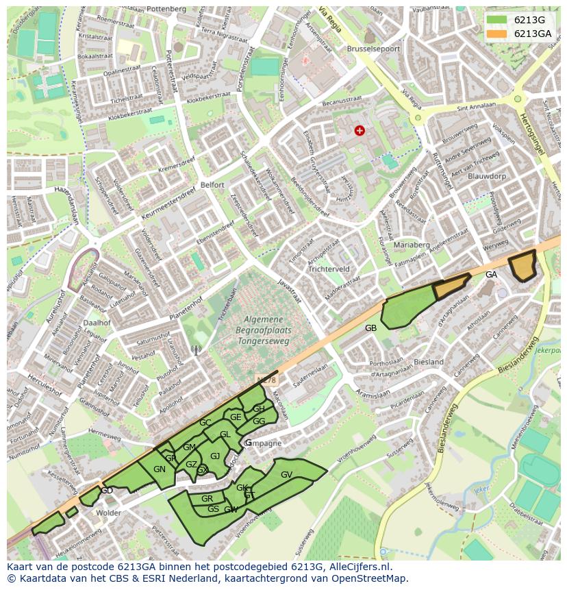 Afbeelding van het postcodegebied 6213 GA op de kaart.