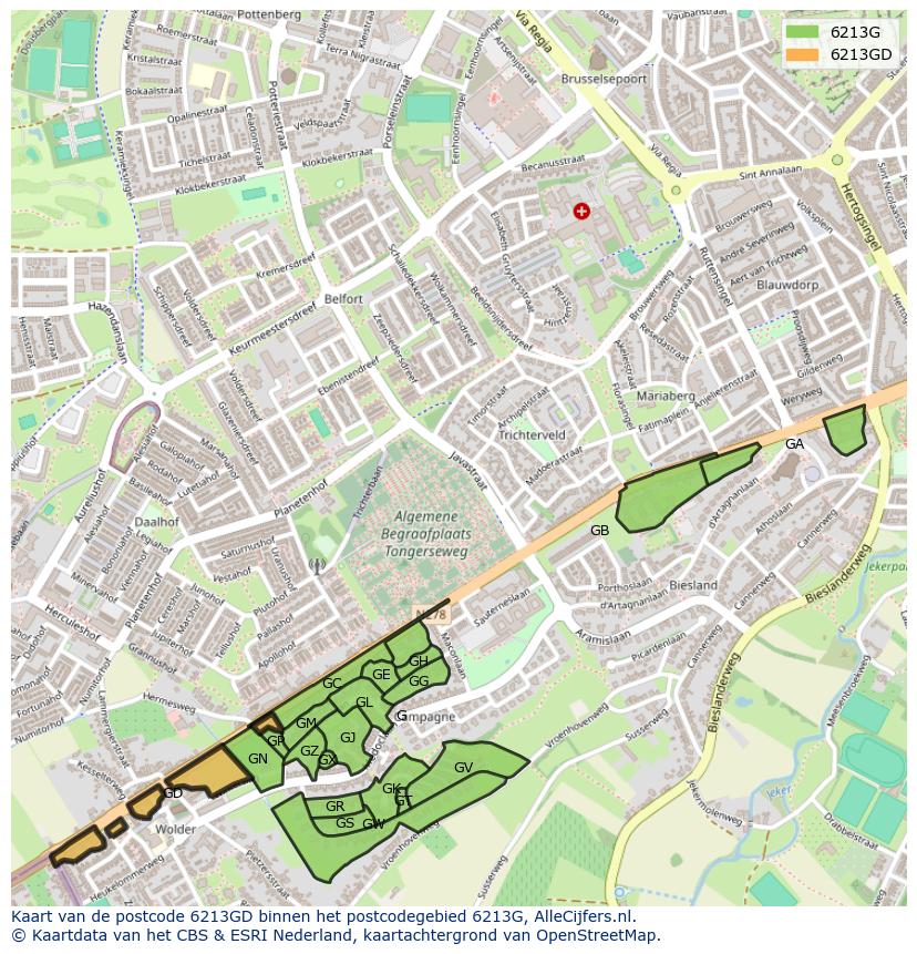 Afbeelding van het postcodegebied 6213 GD op de kaart.
