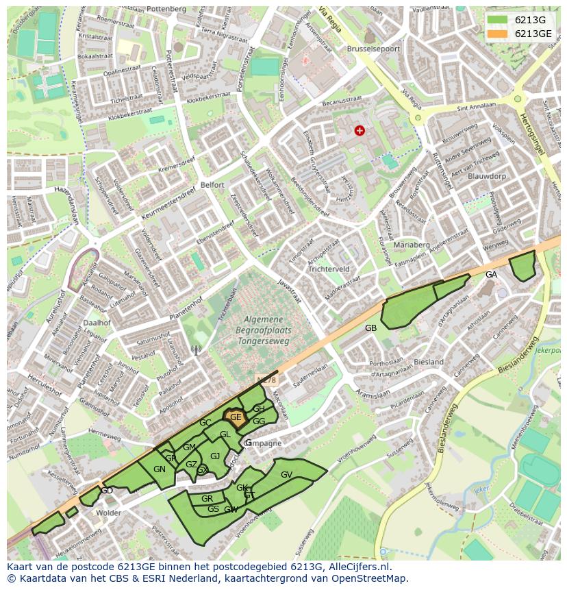 Afbeelding van het postcodegebied 6213 GE op de kaart.
