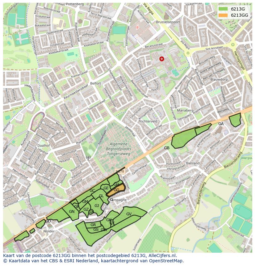 Afbeelding van het postcodegebied 6213 GG op de kaart.