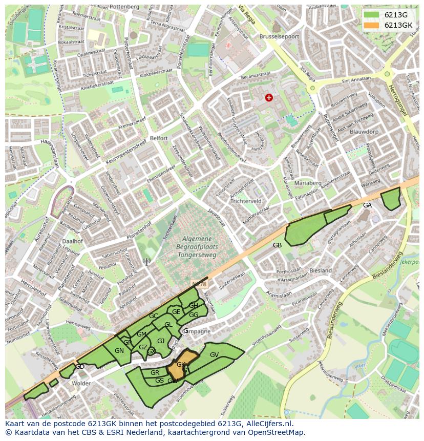 Afbeelding van het postcodegebied 6213 GK op de kaart.