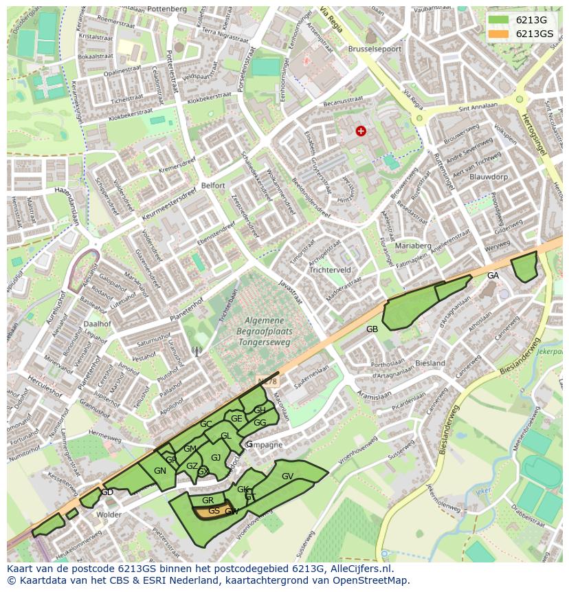 Afbeelding van het postcodegebied 6213 GS op de kaart.