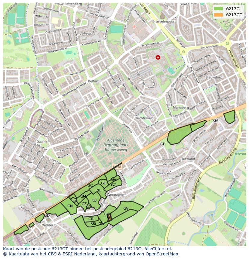 Afbeelding van het postcodegebied 6213 GT op de kaart.