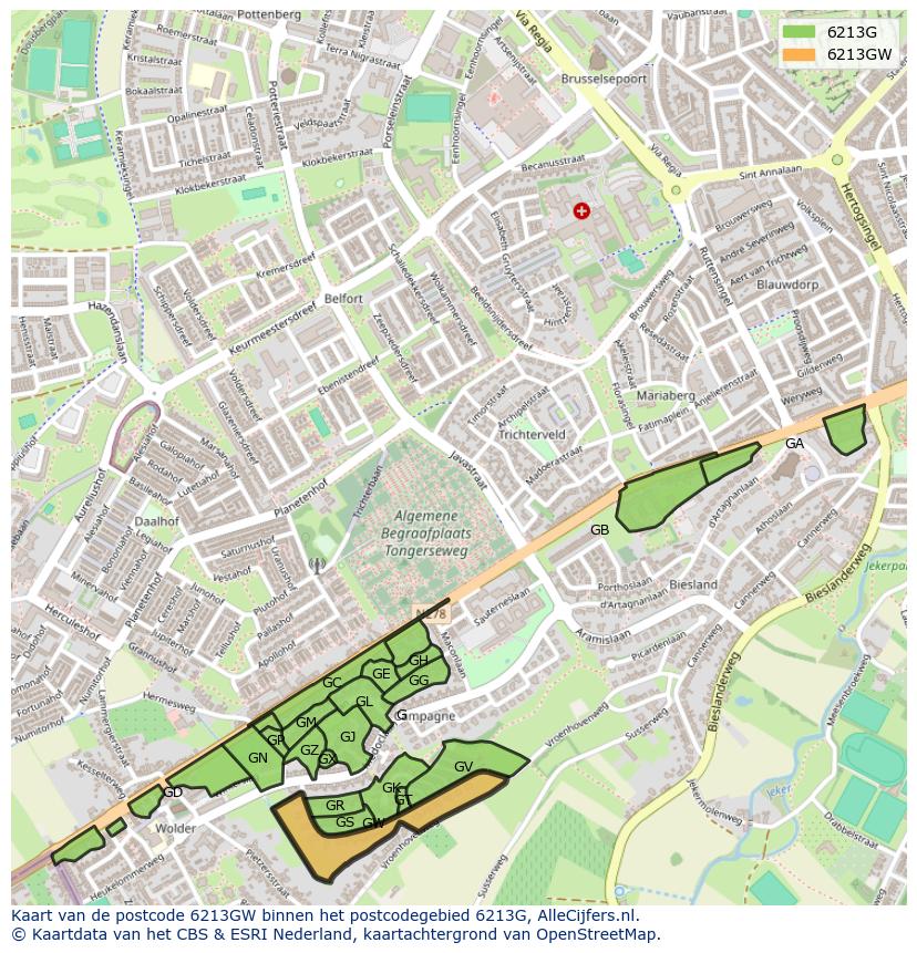 Afbeelding van het postcodegebied 6213 GW op de kaart.