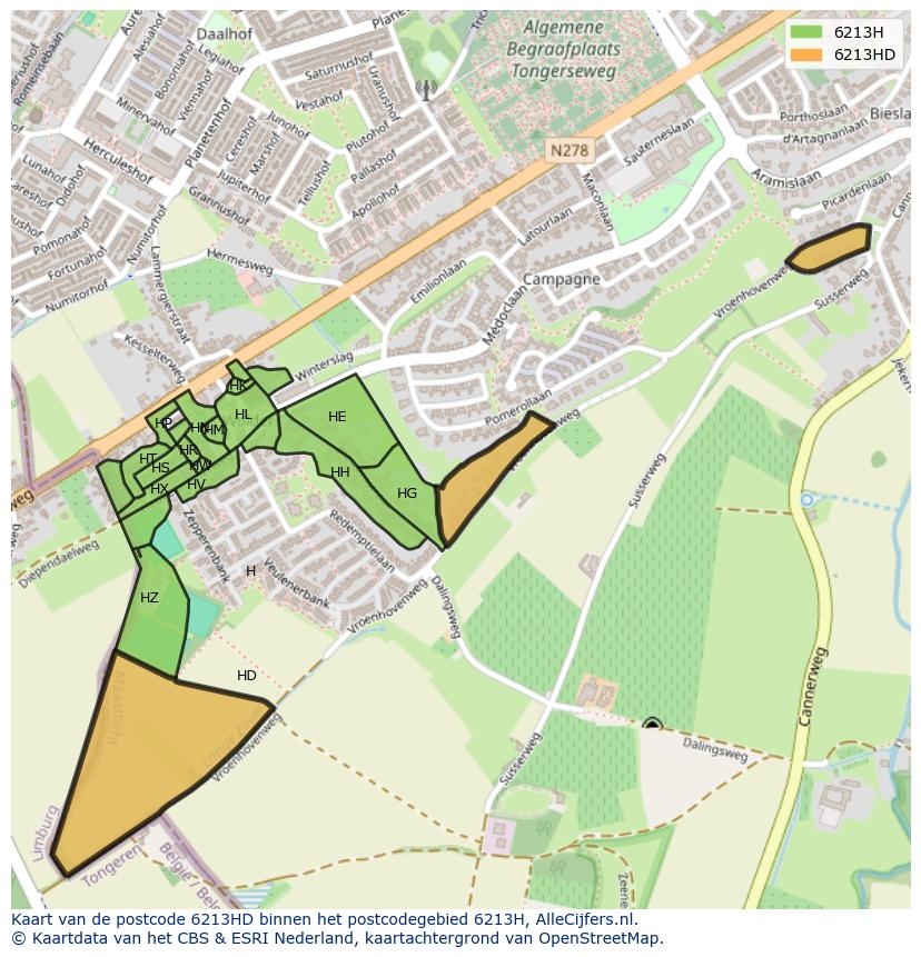 Afbeelding van het postcodegebied 6213 HD op de kaart.