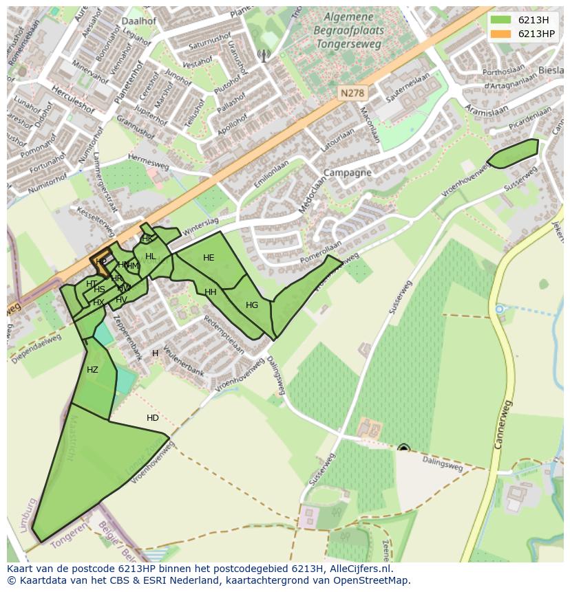 Afbeelding van het postcodegebied 6213 HP op de kaart.