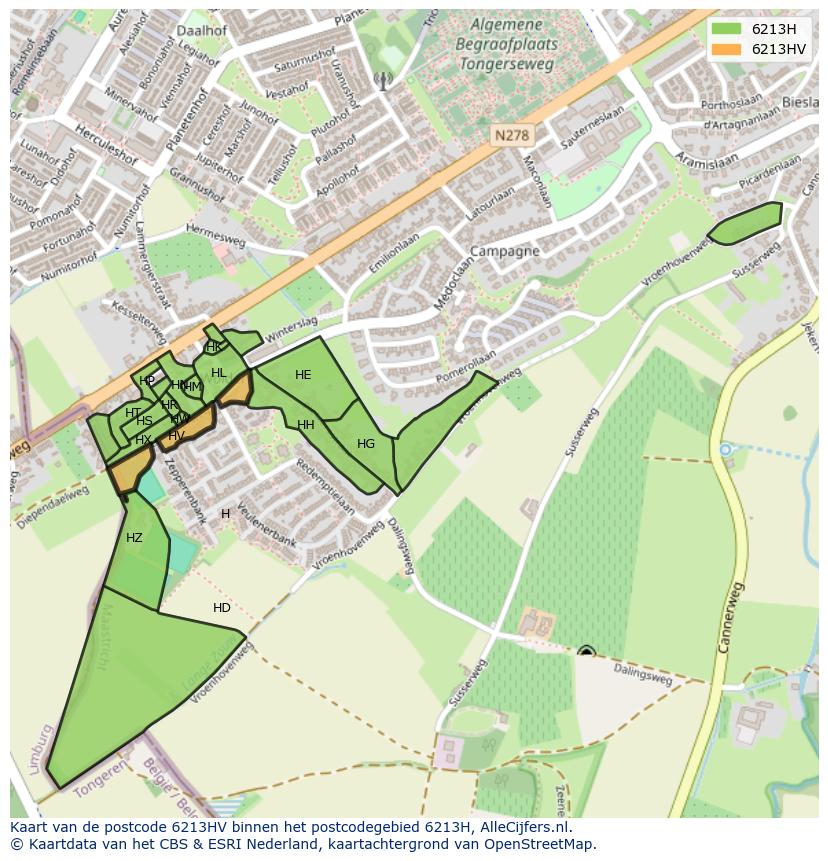 Afbeelding van het postcodegebied 6213 HV op de kaart.