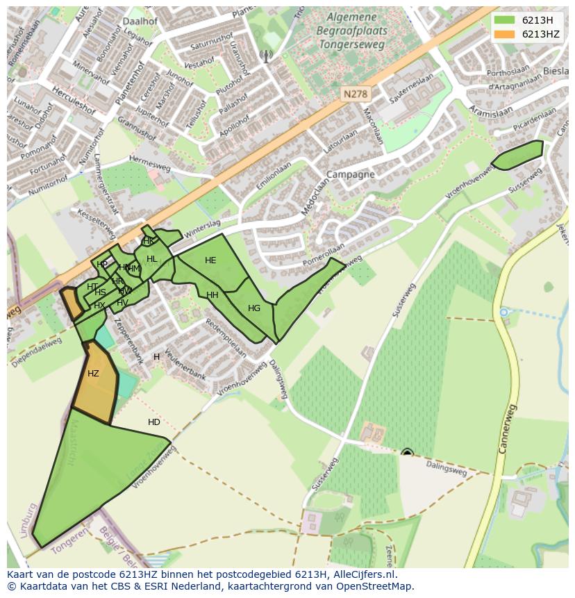 Afbeelding van het postcodegebied 6213 HZ op de kaart.