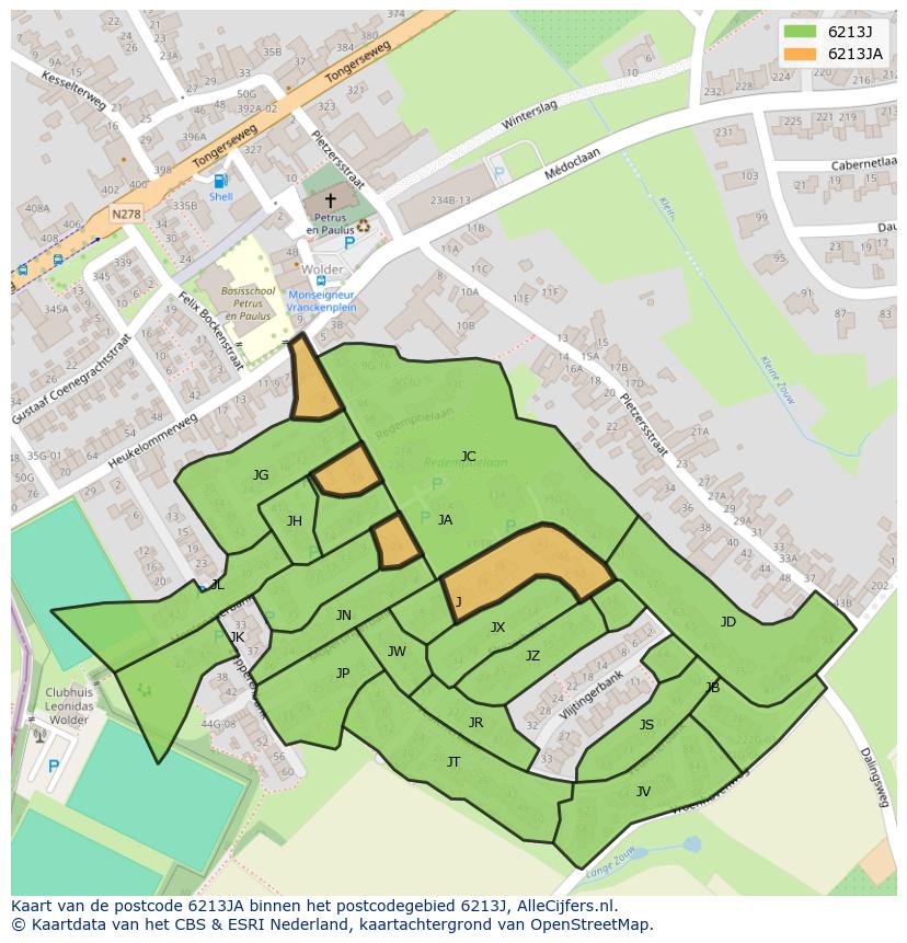 Afbeelding van het postcodegebied 6213 JA op de kaart.