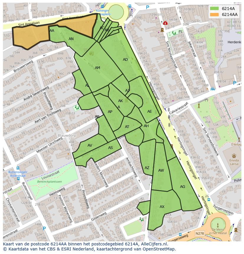 Afbeelding van het postcodegebied 6214 AA op de kaart.