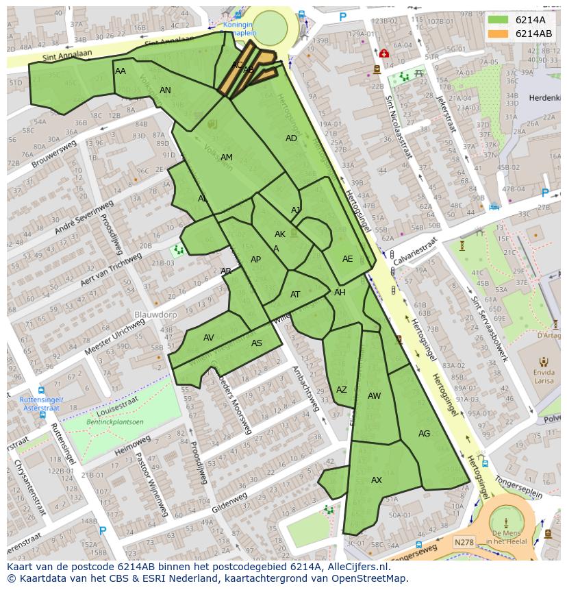 Afbeelding van het postcodegebied 6214 AB op de kaart.
