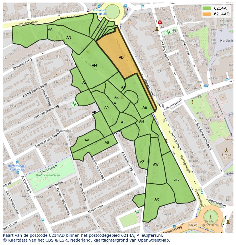 Afbeelding van het postcodegebied 6214 AD op de kaart.
