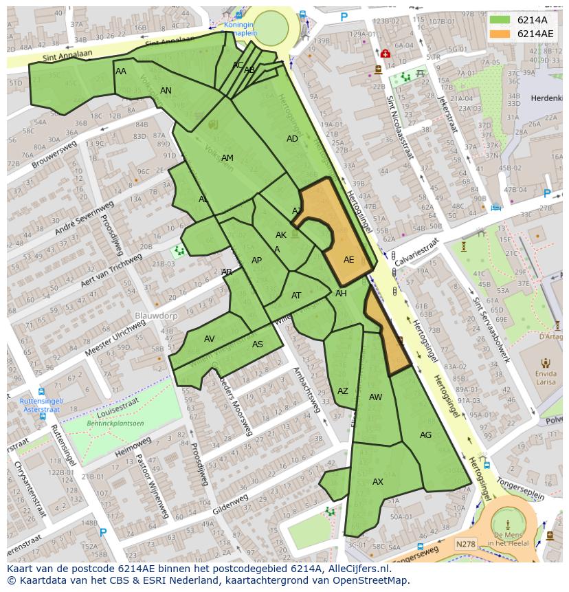 Afbeelding van het postcodegebied 6214 AE op de kaart.