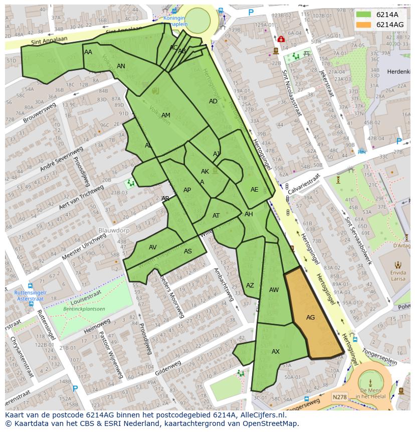 Afbeelding van het postcodegebied 6214 AG op de kaart.