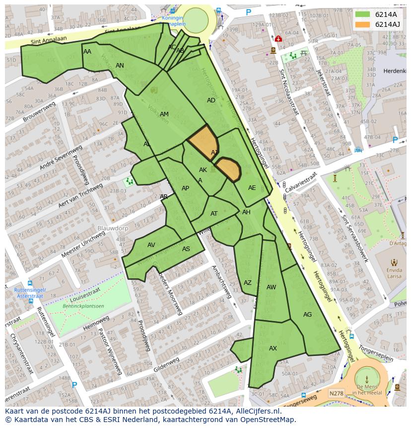 Afbeelding van het postcodegebied 6214 AJ op de kaart.