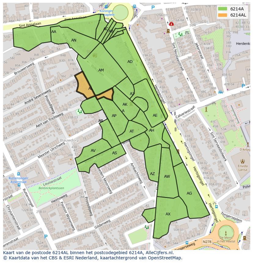 Afbeelding van het postcodegebied 6214 AL op de kaart.