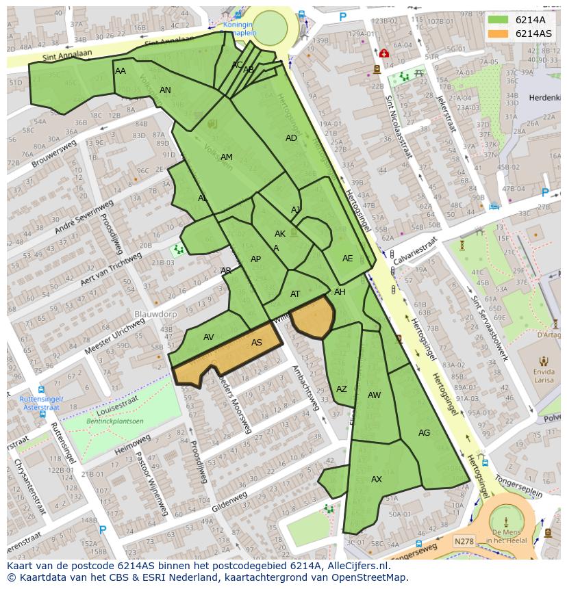 Afbeelding van het postcodegebied 6214 AS op de kaart.