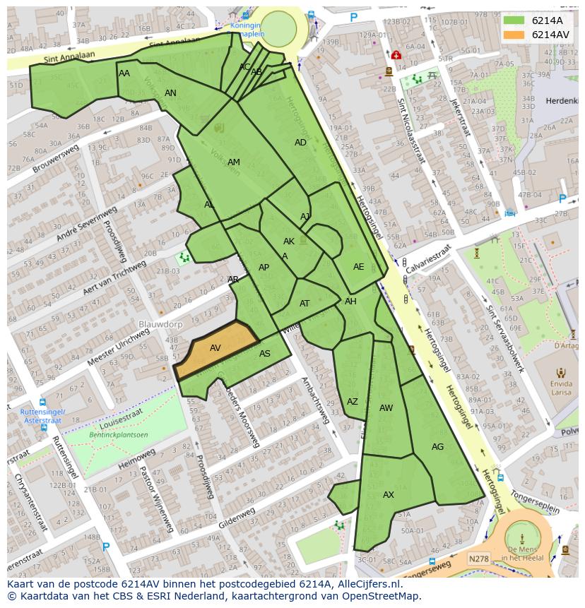 Afbeelding van het postcodegebied 6214 AV op de kaart.