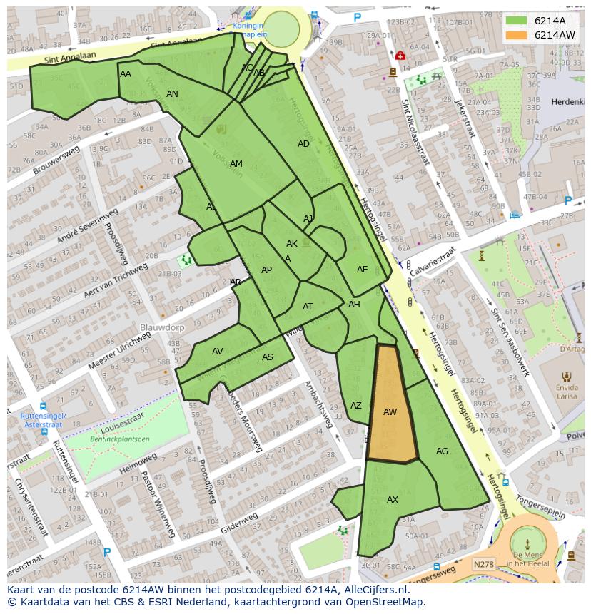 Afbeelding van het postcodegebied 6214 AW op de kaart.