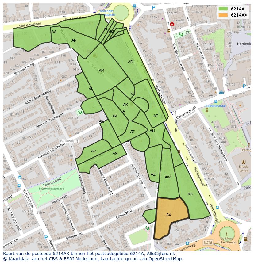 Afbeelding van het postcodegebied 6214 AX op de kaart.