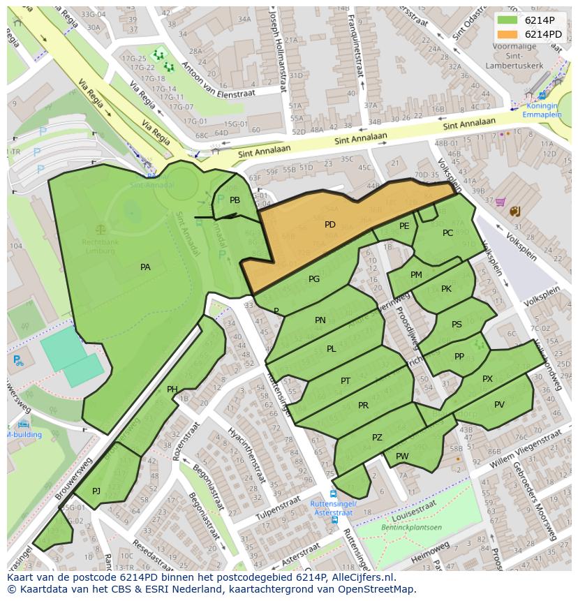 Afbeelding van het postcodegebied 6214 PD op de kaart.