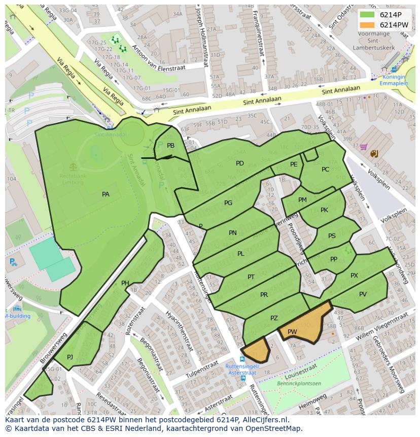 Afbeelding van het postcodegebied 6214 PW op de kaart.
