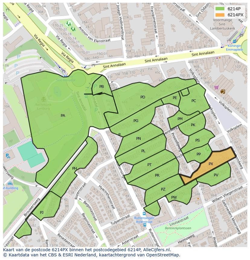 Afbeelding van het postcodegebied 6214 PX op de kaart.