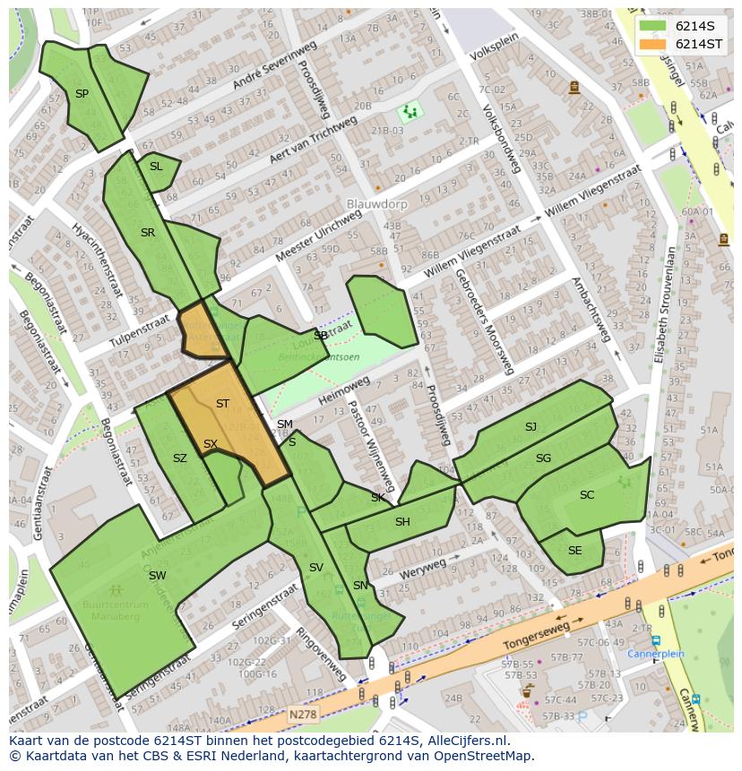 Afbeelding van het postcodegebied 6214 ST op de kaart.